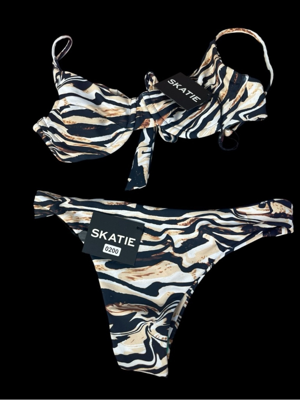 SKATIE Kate Top Dylan Bottom XS Zebra Animal Bikini Set NWT Tie Back